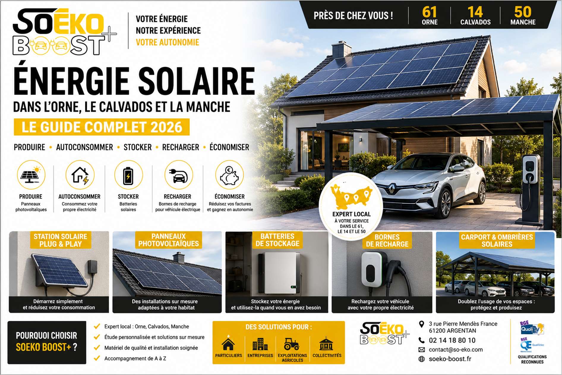 Énergie solaire dans l'Orne, le Calvados et la Manche : panneaux photovoltaïques, batteries, bornes de recharge et carports solaires SOEKO BOOST+